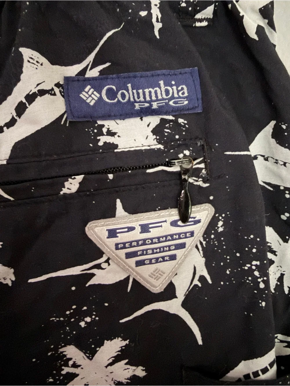 Columbia PFG Swim Trunks Mens XL Black White Swordfish Drawstring Shorts AOP